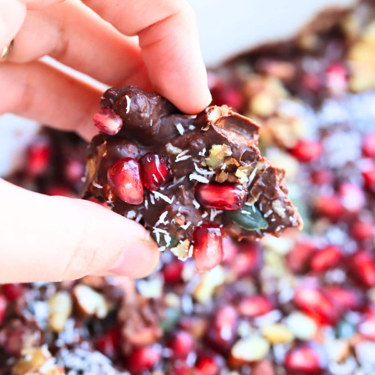hand holding a piece of homemade pomegranate dark chocolate bark in front of a white baking dish of dark chocolate bark