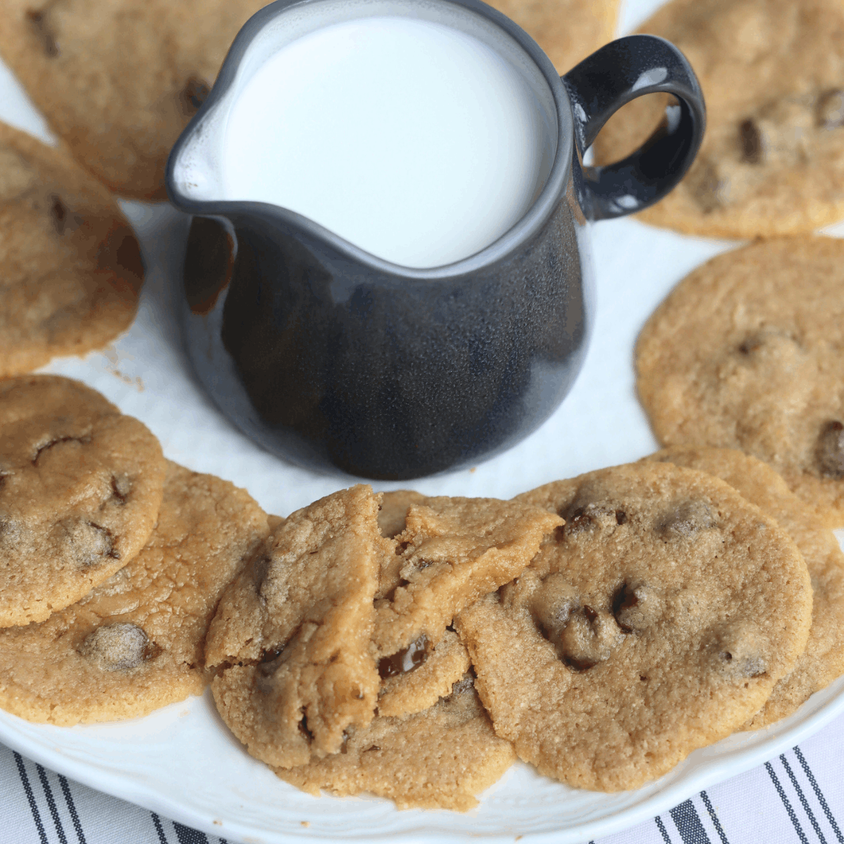 a pitcher of milk in the middle of a white plate with whole wheat chocolate chips