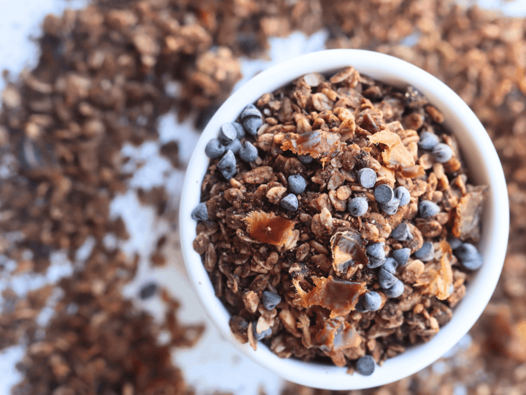 horizontal photo of homemade chocolate granola in a bowl with dates and chocolate