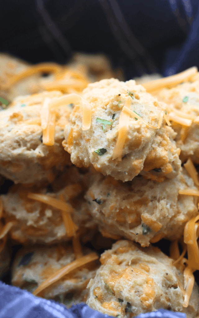 close-up picture of cheddar-and-chive biscuits made with whole wheat flour